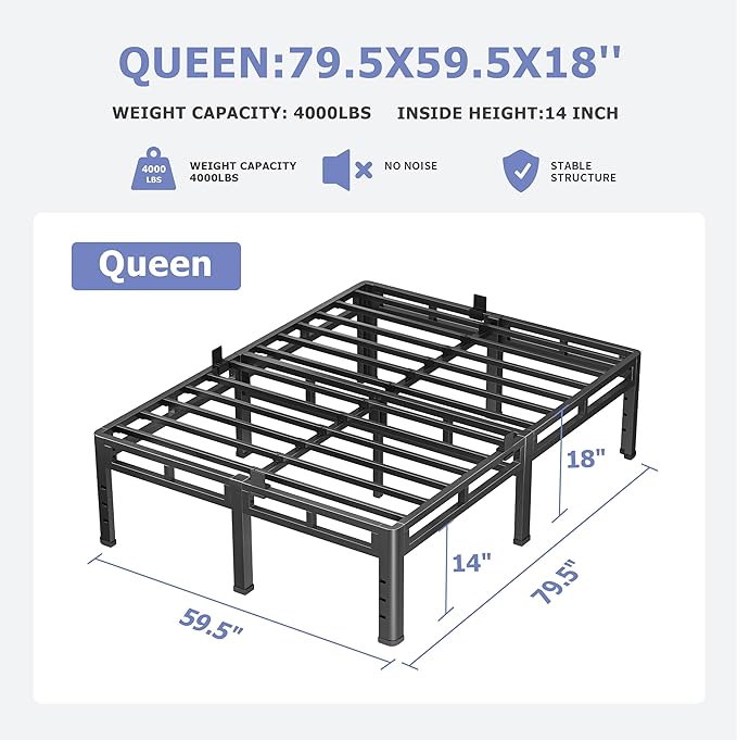 NKZ 18 Inch Queen Size Metal Bed Frame & Box Spring 2 in 1 Platform with Round Corner Legs, 4000Lbs Heavy Duty, Mattress Slide Stopper, Headboard Hole, Noise-Free, Easy Assembly