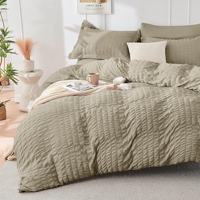 HYMOKEGE Linen King Size Comforter Set Seersucker 7 Pieces, All Season Luxury Bed in a Bag for Bedroom, Bedding Set with Comforter, Sheets, Pillowcases & Shams