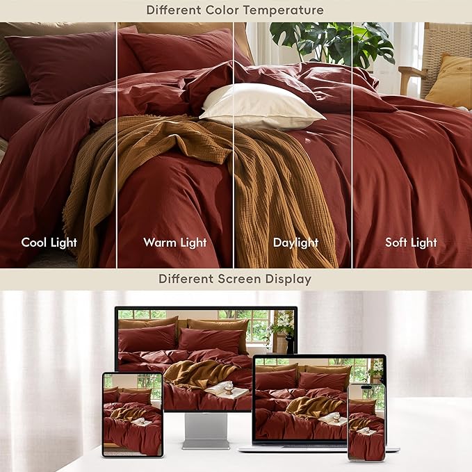 MooMee Bedding Duvet Cover Set 100% Washed Cotton Linen Like Textured Breathable Durable Soft Comfy (Solid Fired Brick Red, King 104"x90")