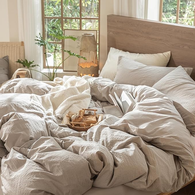 MooMee Wavy Striped Duvet Cover Set 100% Washed Cotton Linen Like Textured Breathable Durable Soft Comfy (Beige, Twin 68"x90")