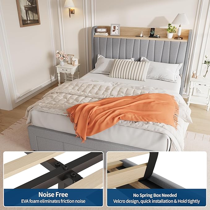 Garvee Upholstered Bed Frame Queen Size with Storage Headboard and Charging Station, Platform Bed Frame with Drawers, Heavy Duty, No Box Spring Needed, Easy Assembly, Light Grey