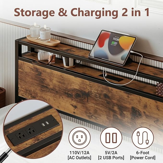 LIKIMIO Queen Bed Frame with Storage Headboard, Queen Size Bed Frame with Charging Station & 2 Drawers, No Box Spring Needed, Easy Assembly