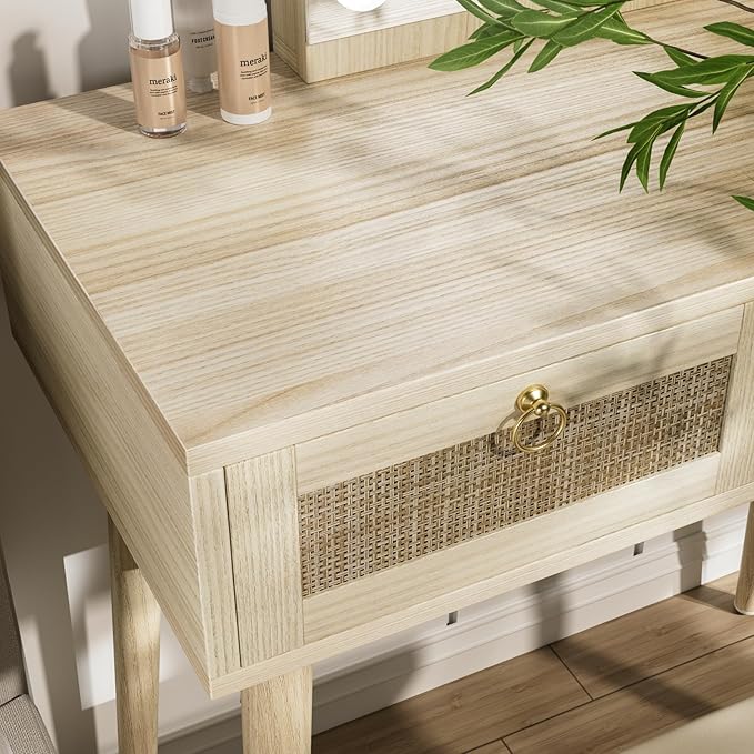 BOLUO Makeup Vanity Desk with Hollywood Mirror and Lights, Boho Girls Vanity Set with Stool, Make Up Dressing Table with Drawers and Outlet for Bedroom