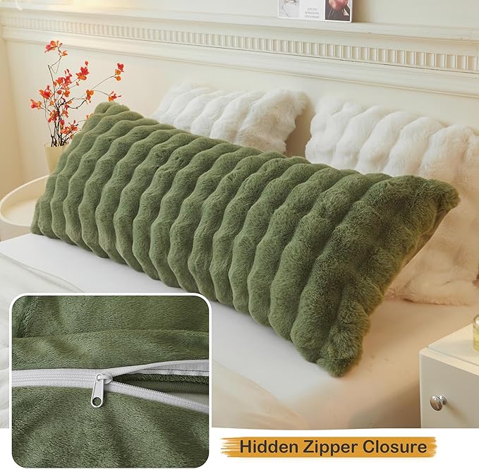 LIFEREVO Fluffy Faux Rabbit Fur Body Pillow Cover, Cozy Moss Bubble Shaggy Plush Bed Body Pillowcase with Zipper Closure, Long 20"x54" Fuzzy Furry Pillow Case for Bedroom Home Decoration, Sage Green