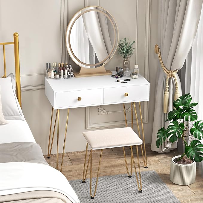 COSTWAY Vanity Desk with Mirror and Lights, Makeup Dressing Table Set w/ 3 Color Lighting Modes & Adjustable Brightness, Vanity Mirror with Desk and Stool for Bedroom Small Spaces (White)