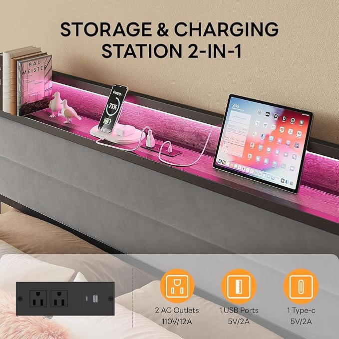 LIKIMIO Queen Bed Frame with Storage Headboard and LED Lights, Metal Platform Bed with Charging Station, Noise Free, No Box Spring Needed, Under Bed Storage, Charcoal Gray