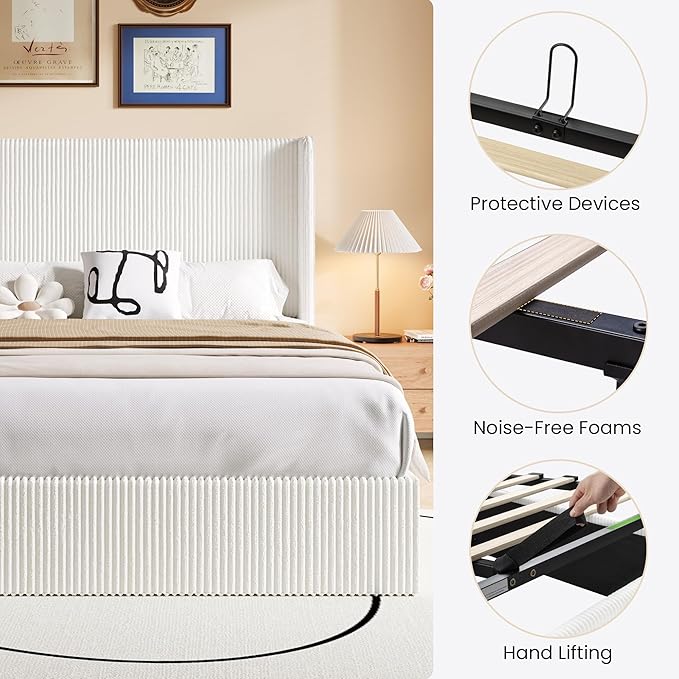 SHA CERLIN Full Size Lift Up Storage Bed Frame, Modern Upholstered Wingback Headboard, Hydraulic Support & Underneath Storage, Soft Corduroy Fabric Platform Bed, No Box Spring Needed, White