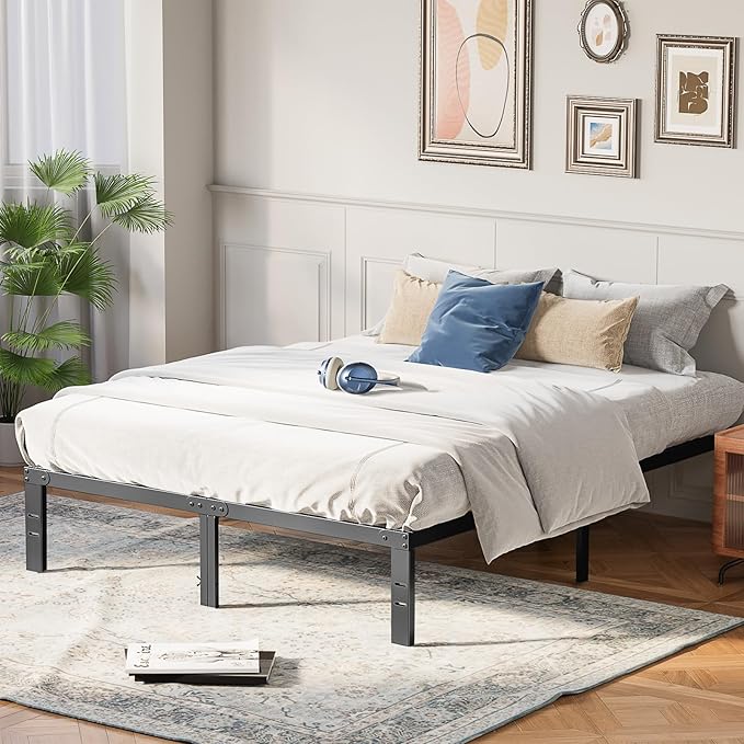 OLIXIS Metal Full Bed Frame - 14in High with Storage Space, No Box Spring Needed with Sturdy Steel Slat Support, 2200LBS Heavy Duty for Easy Assembly, Black for Bedroom