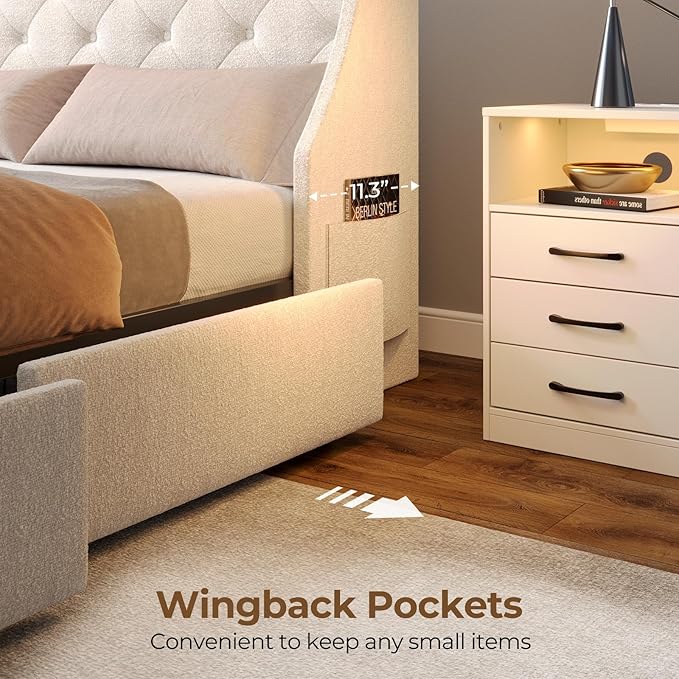 Rolanstar Full Bed Frame with LED Lights and Charging Station, Upholstered Bed with Drawers, Wooden Slats, Noise Free, Easy Assembly, Beige