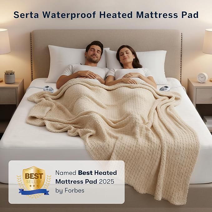 Serta Waterproof Heated Mattress Pad - Electric Bed Warmer with 10 Heat Settings, Auto Shut Off Timer, ETL Certified Electric Mattress Pad, Elastic Deep Pocket, Machine Washable, White Twin