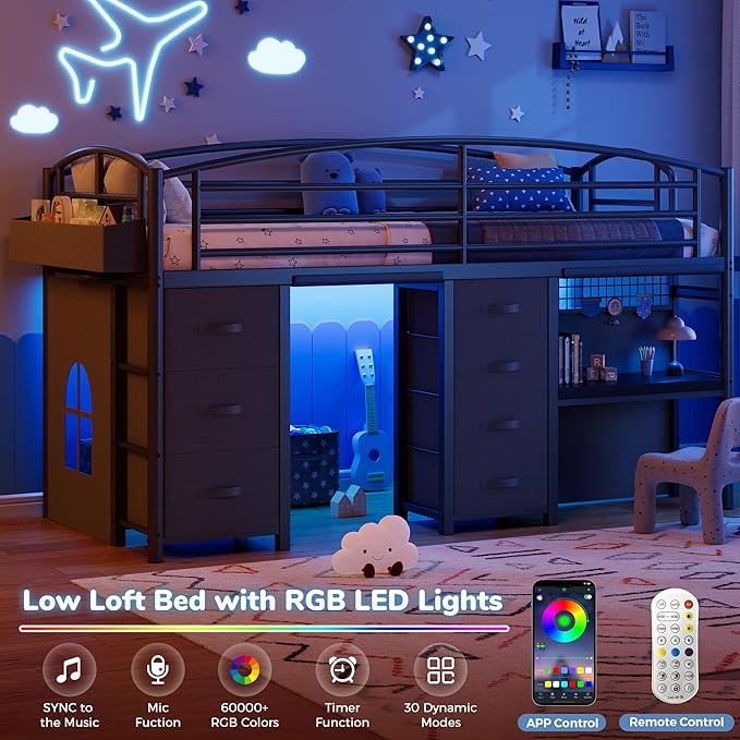 Low Loft Bed Twin Size with 7 Storage Drawers, Desk and LED Lights, Heavy Duty Metal Kids Loft Bed with 12" H Safety Guardrail, Anti-Collision Pad, Private Play Curtain, Under-Bed Play Space - Black