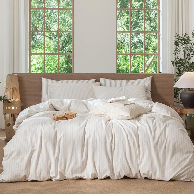MooMee Striped Duvet Cover Set 100% Washed Cotton Linen Like Textured Breathable Durable Soft Comfy (White Almond Milk Grey Wide Stripes, Super King Plus 120"x120")