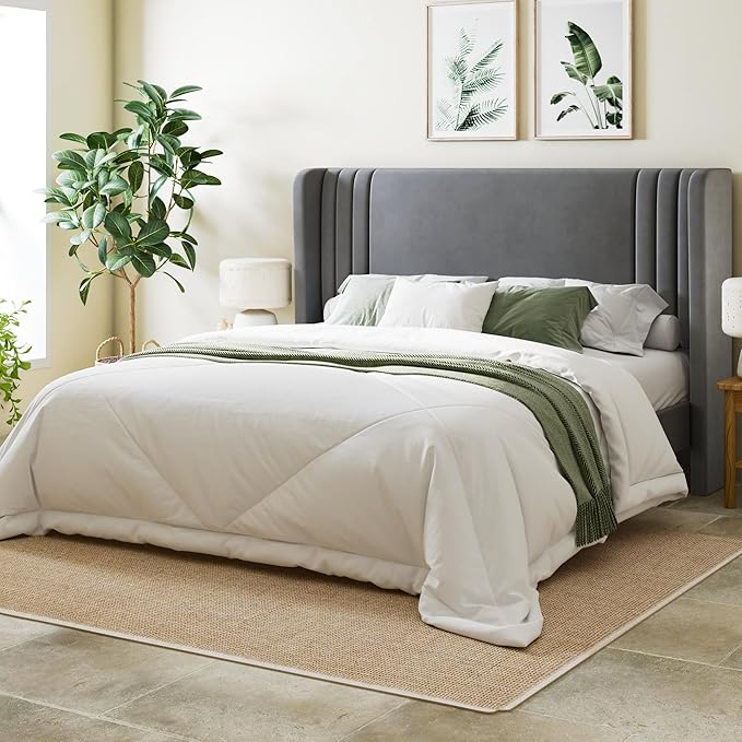 Allewie Queen Size Velvet Platform Bed Frame with Vertical Tufted Wingback Headboard, Easy Assembly, Under Bed Storage, No Box Spring Required, Modern Style, Grey