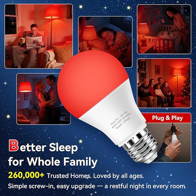 Neporal 670nm Red Light Bulb for Sleep, 100% Blue Light Blocking Bulb for Melatonin Promote, A19 7W LED 50W Red Light Bulb for Lamp, Sleep, Read, Baby Nursery, 1Pack (White When Off, Red When on)