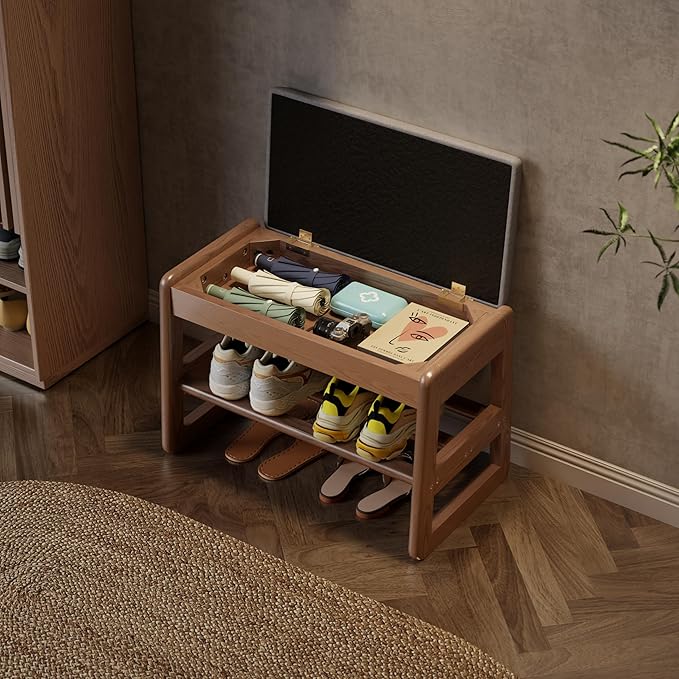 AQIMUELE Shoe Rack Bench,2 Tiers Shoe Bench with Storage with Flip-Top,Wood Shoe Rack for Entryway,Hallway（Walnut Upholstered Seat,11.8" D x 23.62" W x 15.7" H）