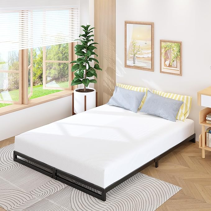 Lutown-Teen 4 Inch Bed Frame Queen Size Heavy Duty Steel Slat Support Metal Platform Queen Bed Frame No Box Spring Needed, Easy Assembly, Black