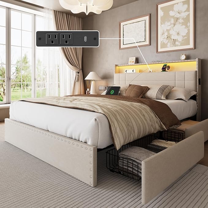 Forestell Full Size Bed Frame with 4 Drawers and Storage Headboard, Upholstered Platform Bed Frame Full Size with LED Lights and Charging Station, Metal Slats Support, No Box Spring Needed, Beige