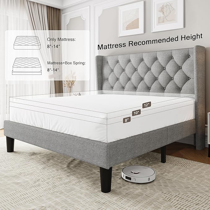 Einhomn Full Size Platform Bed Frame with Fabric Upholstered Wingback Headboard, 9" Under Bed Space, Wooden & Metal Slats Support, No Box Spring Needed, Light Gray