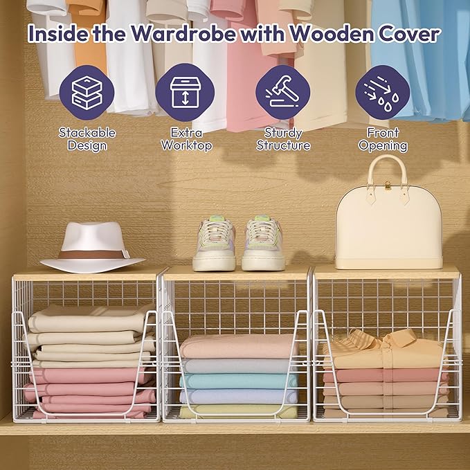 SWTYMIKI 3PCS Closet Organizers and Storage - Stackable Closet Basket with Wood Top Shelf, Clothes Storage Shelves, Clothes Drawer Bins for Wardrobe, Bedroom, Entryway, White