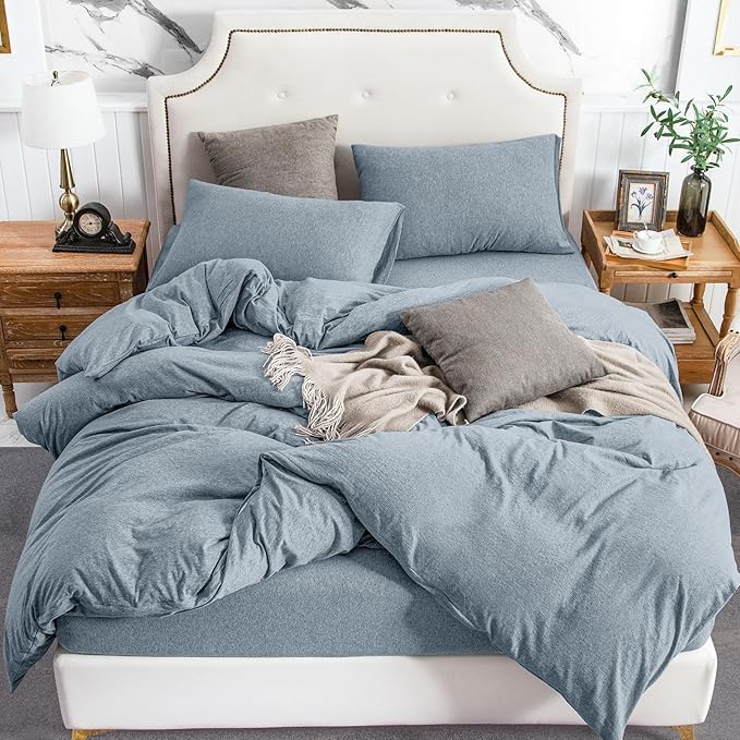 PURE ERA Jersey Knit Duvet Cover Set 100% T-Shirt Cotton Super Soft Comfy 3pc Bedding Set with Zipper Closure (Heather Blueish Grey, Oversized Queen)
