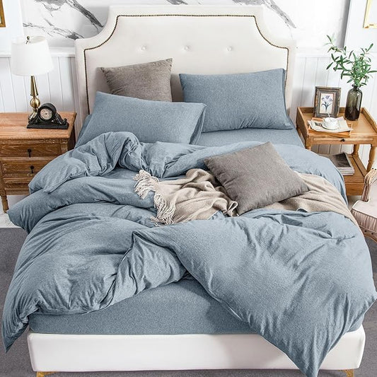 PURE ERA Jersey Knit Duvet Cover Set 100% T-Shirt Cotton Super Soft Comfy 3pc Bedding Set with Zipper Closure (Heather Blueish Grey, Oversized King)