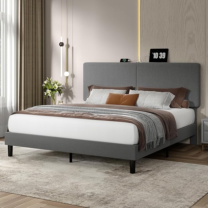VECELO Queen Bed Frame with Type-C & USB Ports, Upholstered Platform Height-Adjustable Cotton and Linen Headboard,No Box Spring Needed,Noise-Free,Easy Assembly, Dark Gery