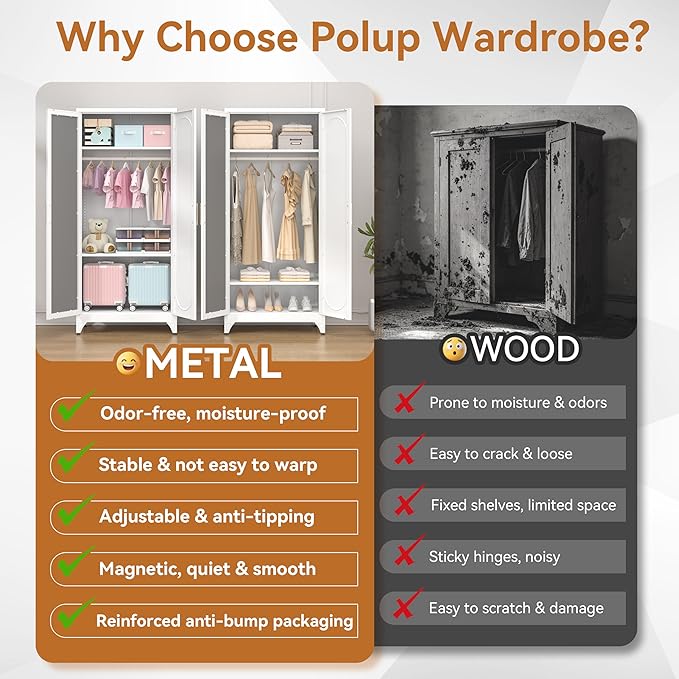 Polup Metal Armoire Wardrobe Closet with Mirror, 71" Tall Steel Clothing Storage Cabinet with Doors, Hanging Rod and Adjustable Shelves, Freestanding Clothes Organizer for Bedroom, Office, White
