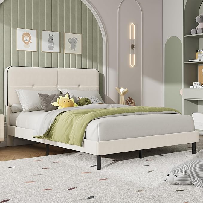 Garvee Queen Bed Frame, Velvet Upholstered Platform Bed Frames with Adjustable Headboard, No Box Spring Needed, Anti-Noise EVA Sponge, Sturdy Metal Support, Easy Assembly, White & Black Trim