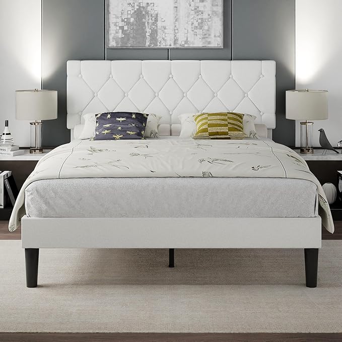 VECELO Queen Bed Frame with Button Tufted Headboard, Upholstered Platform with Wooden Slat Support, No Box Spring Needed, White