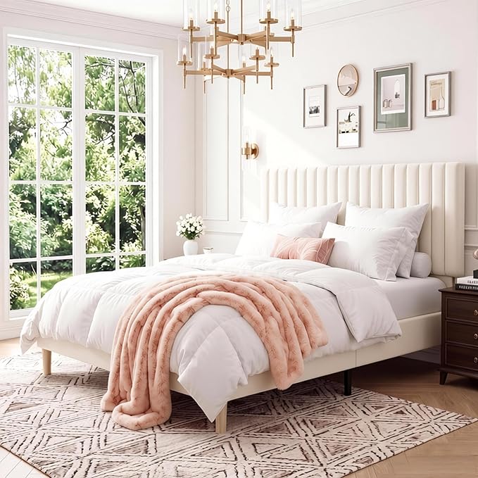 GAOMON Queen Bed Frame with Adjustable Headboard, Velvet Upholstered Platform Queen Size Bed Frame, Wooden Slats Support, No Box Spring Needed, Easy Assembly, Beige