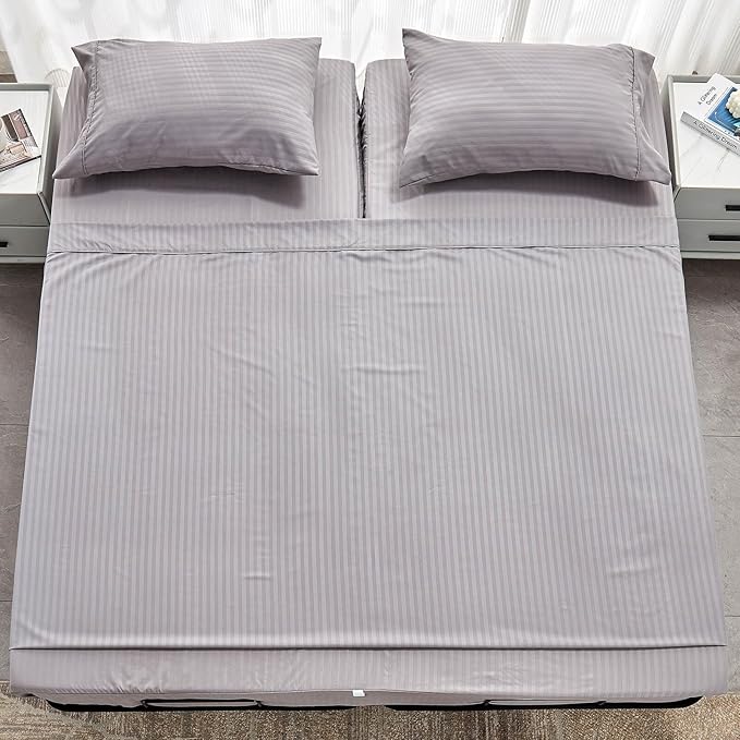 Kingnex Striped 32-34 Split Top King Sheets Sets for Adjustable Bed with Strap Soft Brushed 1800 Microfiber 4 Pieces Flex Head King Bedding Set Grey
