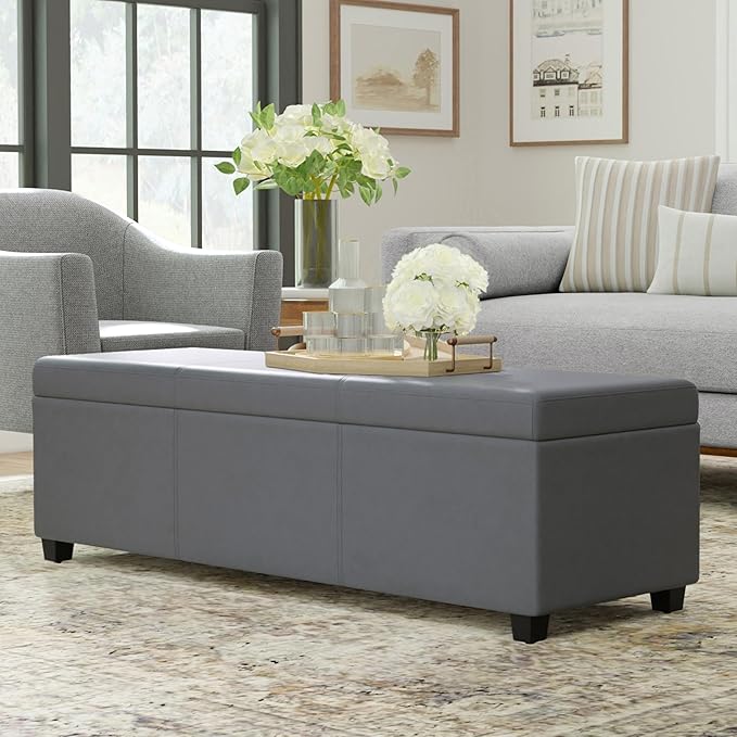 SIMPLIHOME Avalon Extra Large Storage Ottoman Bench - 54 inch Wide Upholstered Vegan Leather Rectangular Lift-Top Ottoman in Stone Grey, Contemporary Bench for Living Room with Hidden Storage