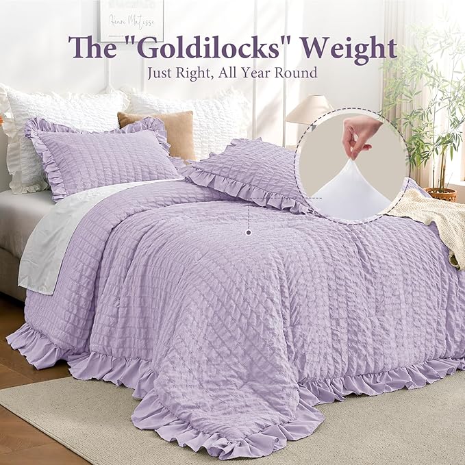JOLLYVOGUE Lavender King Comforter Set, 3 Pieces Seersucker Comforters King Size, Lightweight & Fluffy Bedding Sets King for All Season with 1 Ruffle Comforter and 2 Ruffle Pillowshams