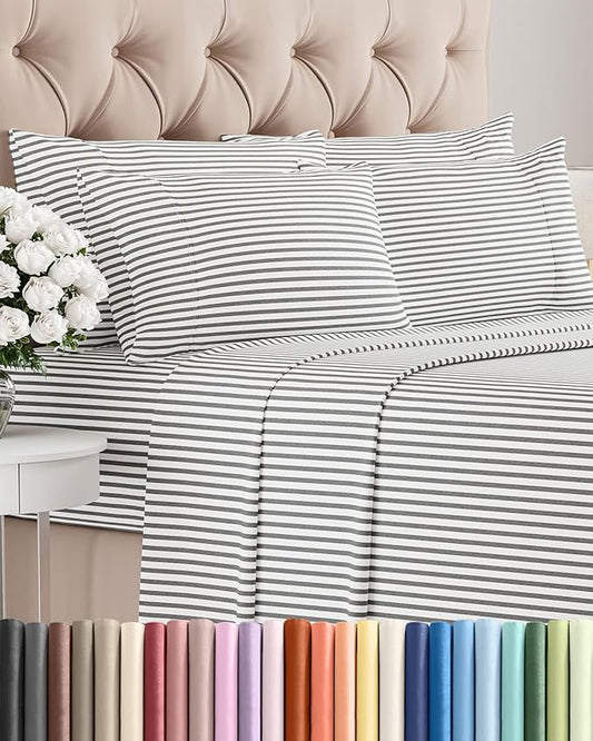 Full 6 Piece Sheet Set - Comfy, Breathable & Cooling - Soft Hotel Luxury Bedding for Women, Men, Kids, Teens and Children - 1 Flat & 1 Fitted Sheet & 4 Pillowcases with Deep Pockets - Grey Stripes 2