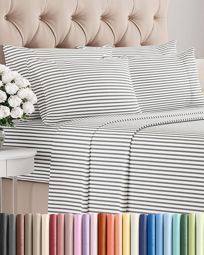 King 6 Piece Sheet Set - Comfy, Breathable & Cooling - Soft Hotel Luxury Bedding for Women, Men, Kids, Teens and Children - 1 Flat & 1 Fitted Sheet & 4 Pillowcases with Deep Pockets - Grey Stripes 2