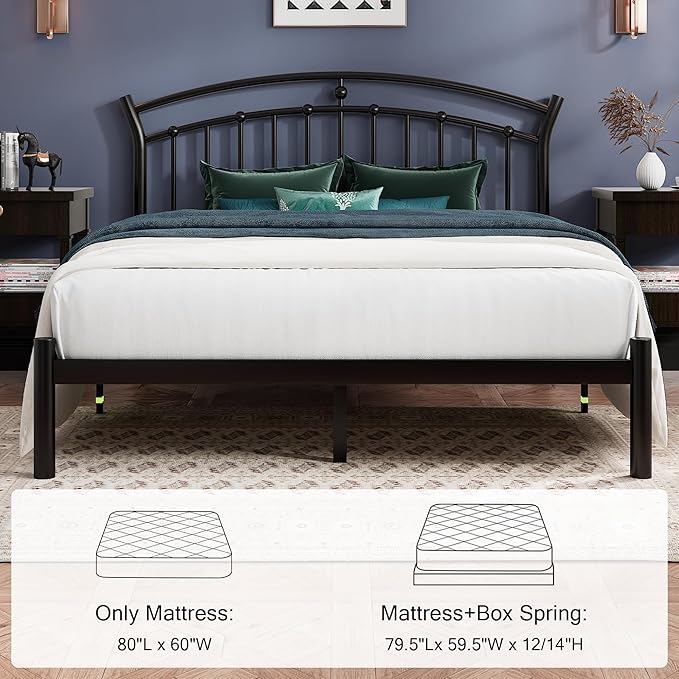 Einhomn Queen Bed Frame, Black Metal Bed Frame with 12" Under-Bed Storage, Heavy Duty Steel Slat Support, No Box Spring Needed, Noise-Free, Easy Assembly