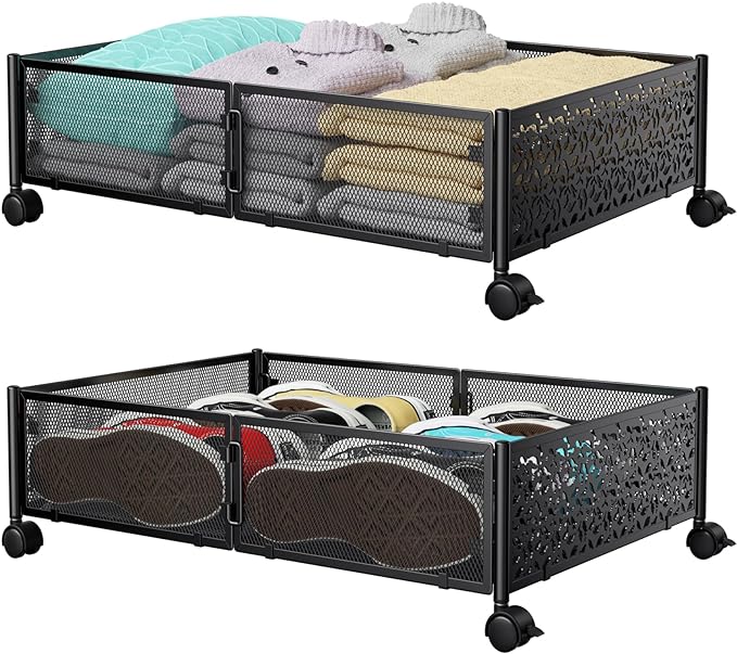 PHINOX Under Bed Storage Containers with Wheels, Under Bed Shoe Storage Organizer Drawer, Tool-free Assembly Metal Storage Containers for Bedroom Clothes Shoes Blankets -2PCK