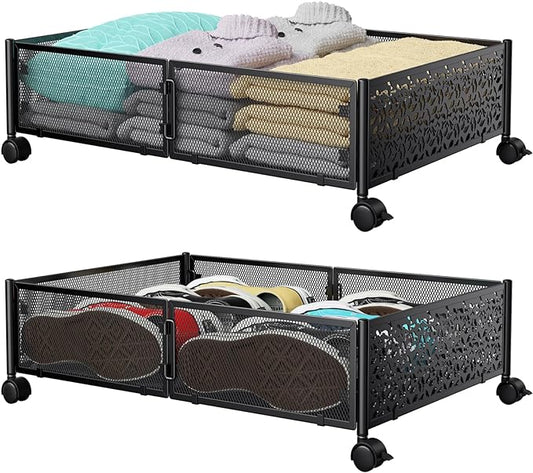 PHINOX Under Bed Storage Containers with Wheels, Under Bed Shoe Storage Organizer Drawer, Tool-free Assembly Metal Storage Containers for Bedroom Clothes Shoes Blankets -2PCK