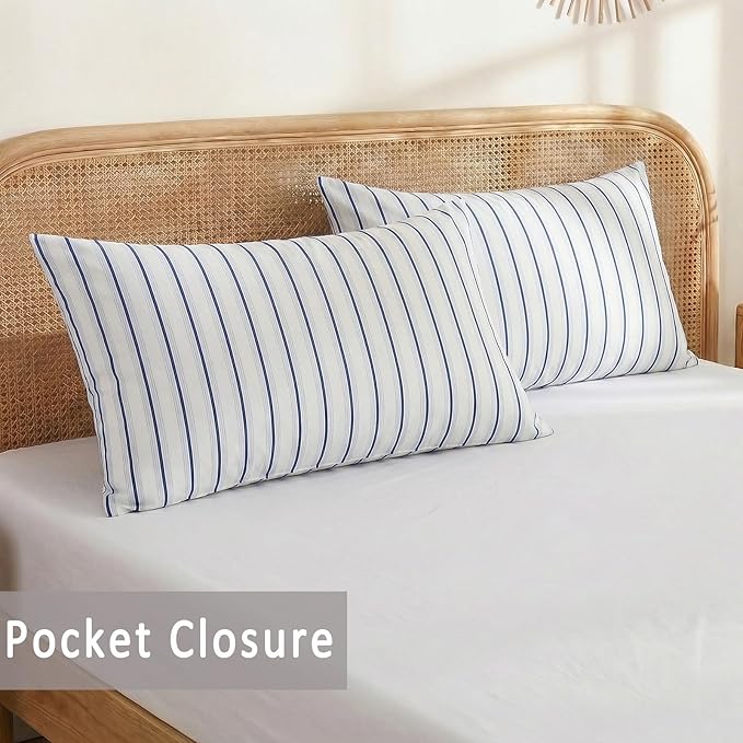 Merryword Standard Size Pillowcases, 100% Cotton Pillow Cases, Blue and White Striped Pillowcases, Soft Breathable Wide Stripes Pillow Covers, Set of 2