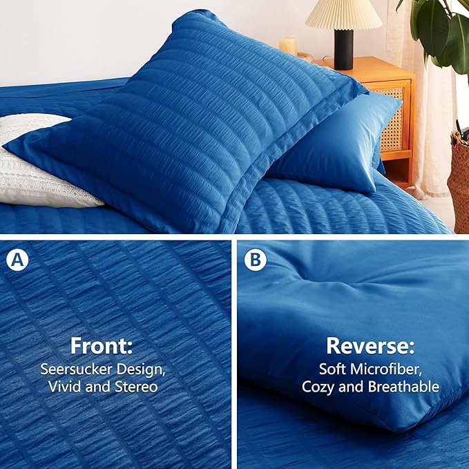 CozyLux Full Size Comforter Sets with Sheets 7 Pieces, Classic Blue Seersucker Bed in a Bag Textured Luxury Soft Bedding Set with Down Alternative Comforter, Sheets, Pillowcases & Shams for All Season
