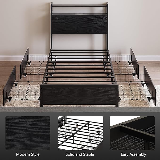 VINGLI LED Twin Bed Frame with 4 Storage Drawers and Adjustable Headboard Shelf, Metal Platform Panel Bed with Charging Station for Kids Teens, Adults, No Box Spring Needed, Black