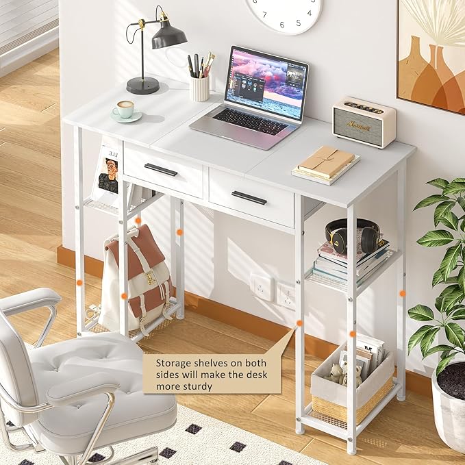 DAOUTIME White Computer Desk with Drawers, 37.3 Inch Home Office Work Desk with Storage Shelf, Kids Teens Study Table for Small Space, Small Writing PC Table for Bedroom Makeup Vanity Desk