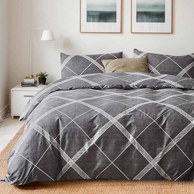 TOCOMOA Plaid Duvet Cover Set 100% Natural Cotton Soft Comfy Breathable 3 Piece Grey and White Striped Pattern Printed Comforter Cover Bedding Set (Queen 90"x90", Comforter Not Included)