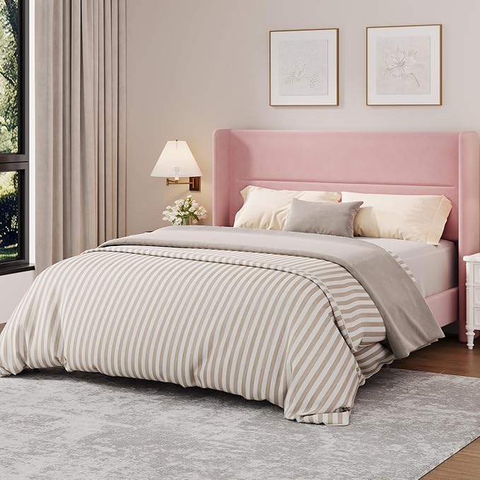 Garvee Queen Size Bed Frame with Wingback Headboard, Velvet Upholstered Platform Bedframe with Wood Slats, No Box Spring Needed, Easy Assembly, Pink