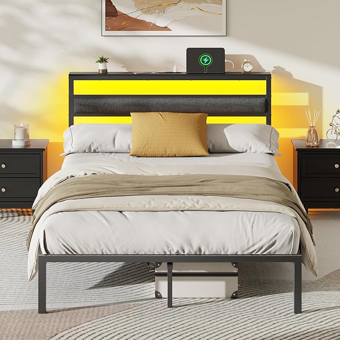 OURPIC Full Size Bed Frame, Bed Frame Full with LED Lights and Charging Station Headboard, Black Metal Platform Bedframe and Storage Shelf, No Box Spring Needed, Noise Free