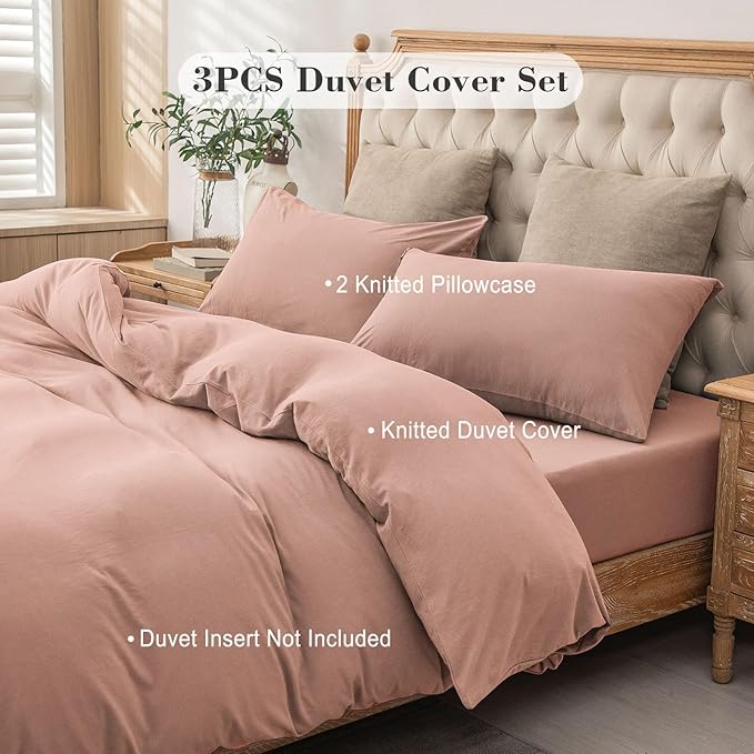 PURE ERA Jersey Knit Duvet Cover Set 100% T-Shirt Cotton Super Soft Comfy 3pc Jersey Duvet Cover King with Zipper Closure (New Petal Pink, King)