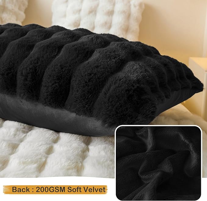 LIFEREVO Fluffy Faux Rabbit Fur Body Pillow Cover, Luxury Bubble Waffle Shaggy Plush Bed Body Pillowcase with Zipper Closure, Long 20"x54" Fuzzy Furry Pillow Case for Adults Kids Girls Teens, Black