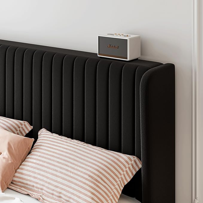 SHA CERLIN Full Size Velvet Bed Frame with Vertical Channel Tufted Wingback Headboard, Upholstered Platform Bed with Wood Slats, No Box Spring Needed, Easy Assembly, Black