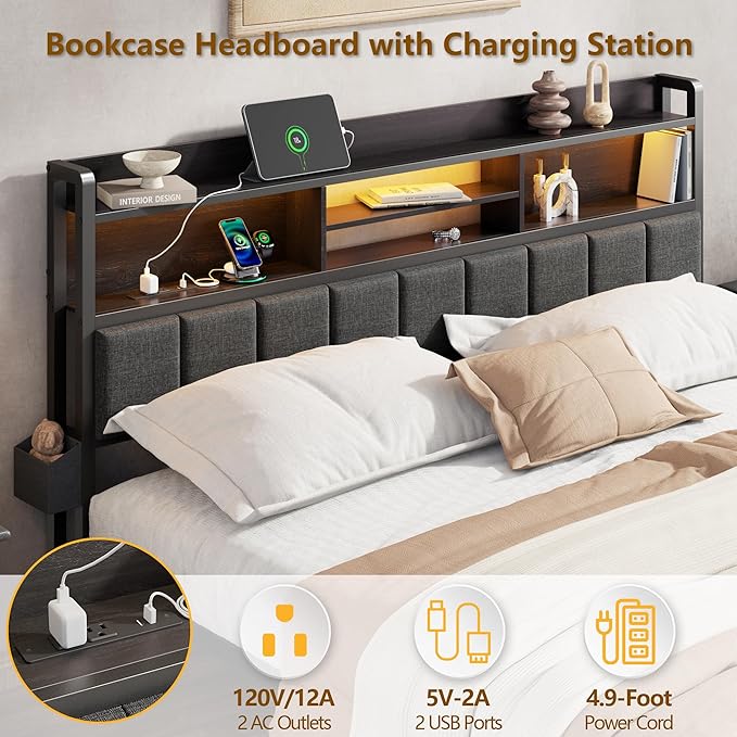 Furnulem King Bed Frame with Wood Headboard & Storage Drawers, Metal Platform Bed Frames King Size with LED Lights, Built in Charging Station, No Box Spring Needed, No Noise, Easy Assembly, Black