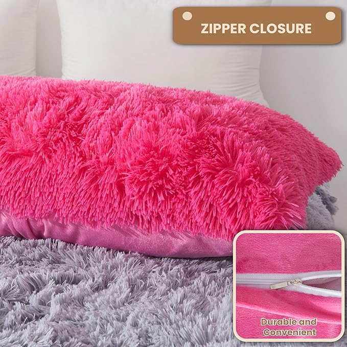MEGO Luxury Fluffy Body Pillow Cover, 20x54 Shaggy Faux Fur Body Pillow Case, Soft Plush Fuzzy Body Pillowcase, Decorative Furry Long Bed Pillow with Zipper Closure Hug Pillow for Bedroom Hot Pink